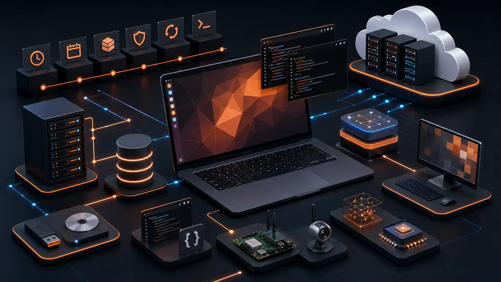 Ubuntu Linux의 데스크톱, 서버, 클라우드, 개발, IoT 활용을 표현한 다크모드 기술 대표 이미지