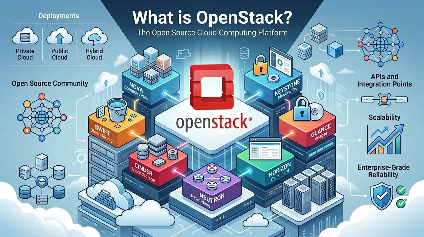 OpenStack 프라이빗 클라우드의 컴퓨트, 네트워크, 스토리지, 인증 계층을 표현한 데이터센터 아키텍처 이미지