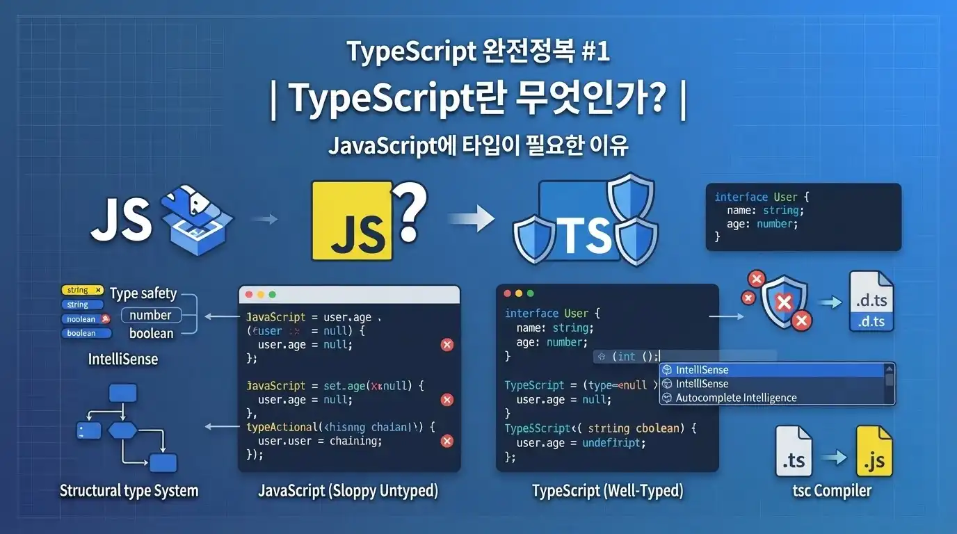 TypeScript가 JavaScript 코드에 타입 안정성을 더하는 개념을 설명하는 대표 이미지