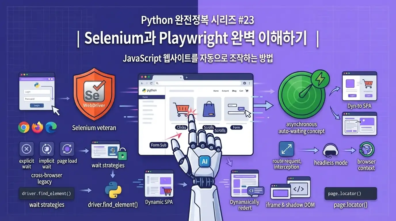 Python으로 Selenium과 Playwright를 사용해 JavaScript 웹사이트를 자동화하는 방법을 설명하는 대표 이미지