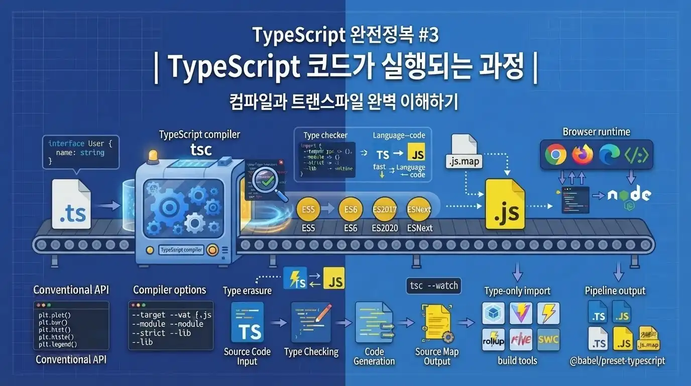 TypeScript 코드가 컴파일러를 거쳐 JavaScript로 변환되고 실행되는 과정을 설명하는 대표 이미지