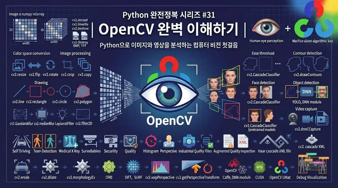 Python OpenCV로 이미지와 영상을 분석하는 컴퓨터 비전 입문을 설명하는 대표 이미지
