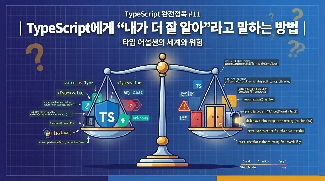 TypeScript 타입 단언과 안전한 타입 처리 방법을 설명하는 대표 이미지