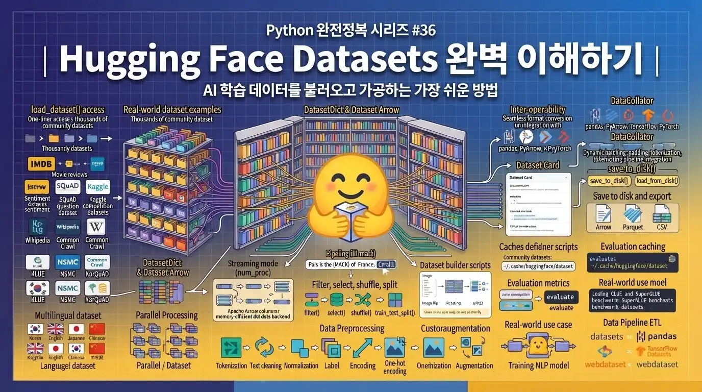 Python에서 Hugging Face Datasets로 AI 학습 데이터를 불러오고 가공하는 방법을 설명하는 대표 이미지