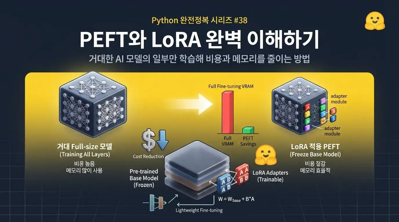 Python에서 Hugging Face PEFT와 LoRA로 AI 모델을 효율적으로 Fine-tuning하는 방법을 설명하는 대표 이미지