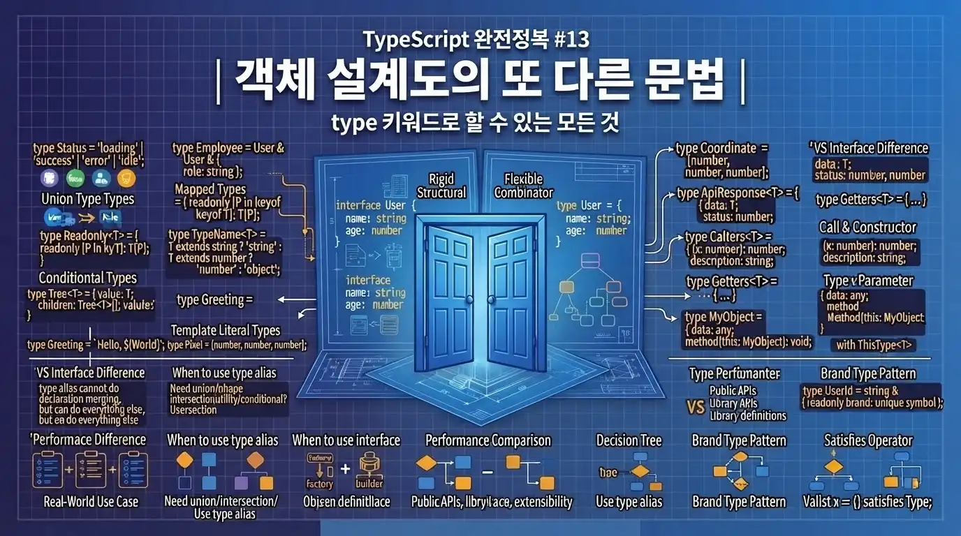 TypeScript interface와 type의 차이를 비교해 객체 설계 기준을 설명하는 대표 이미지