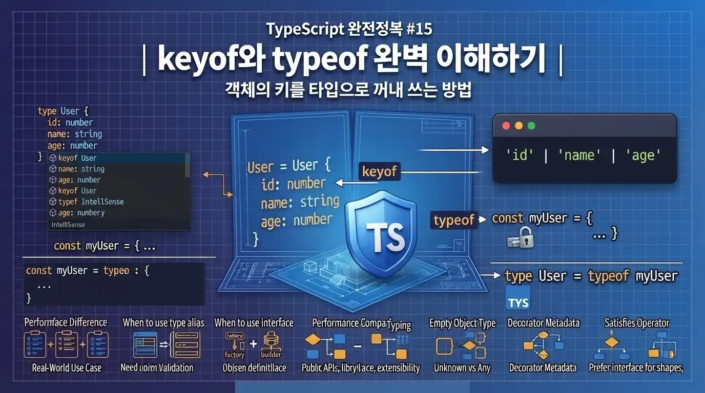 TypeScript keyof와 typeof로 객체 키와 값 타입을 추출하는 방법을 설명하는 대표 이미지