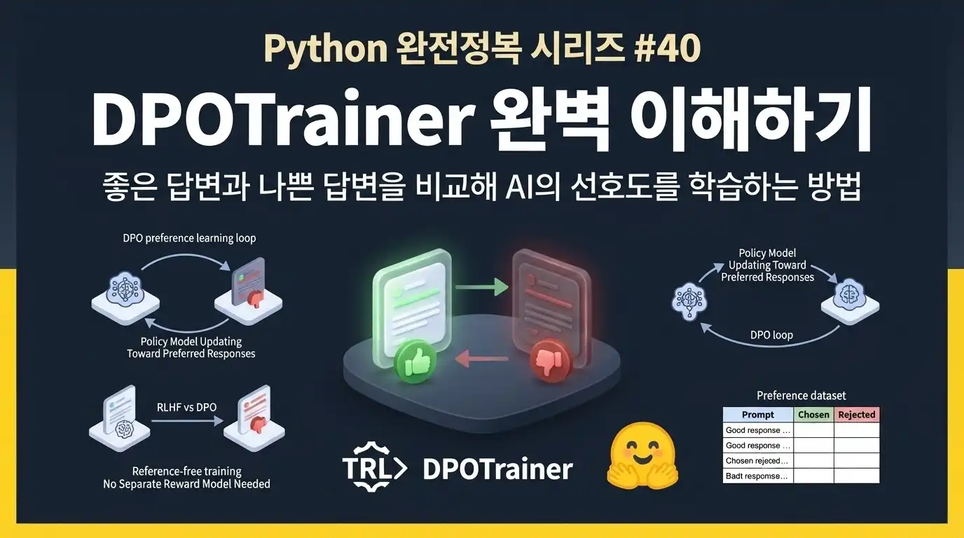 Python에서 Hugging Face TRL DPOTrainer로 AI 답변 선호도를 학습하는 방법을 설명하는 대표 이미지