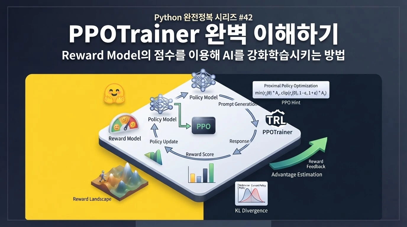 Python에서 Hugging Face TRL PPOTrainer로 Reward Model 점수를 이용해 AI를 강화학습하는 방법을 설명하는 대표 이미지