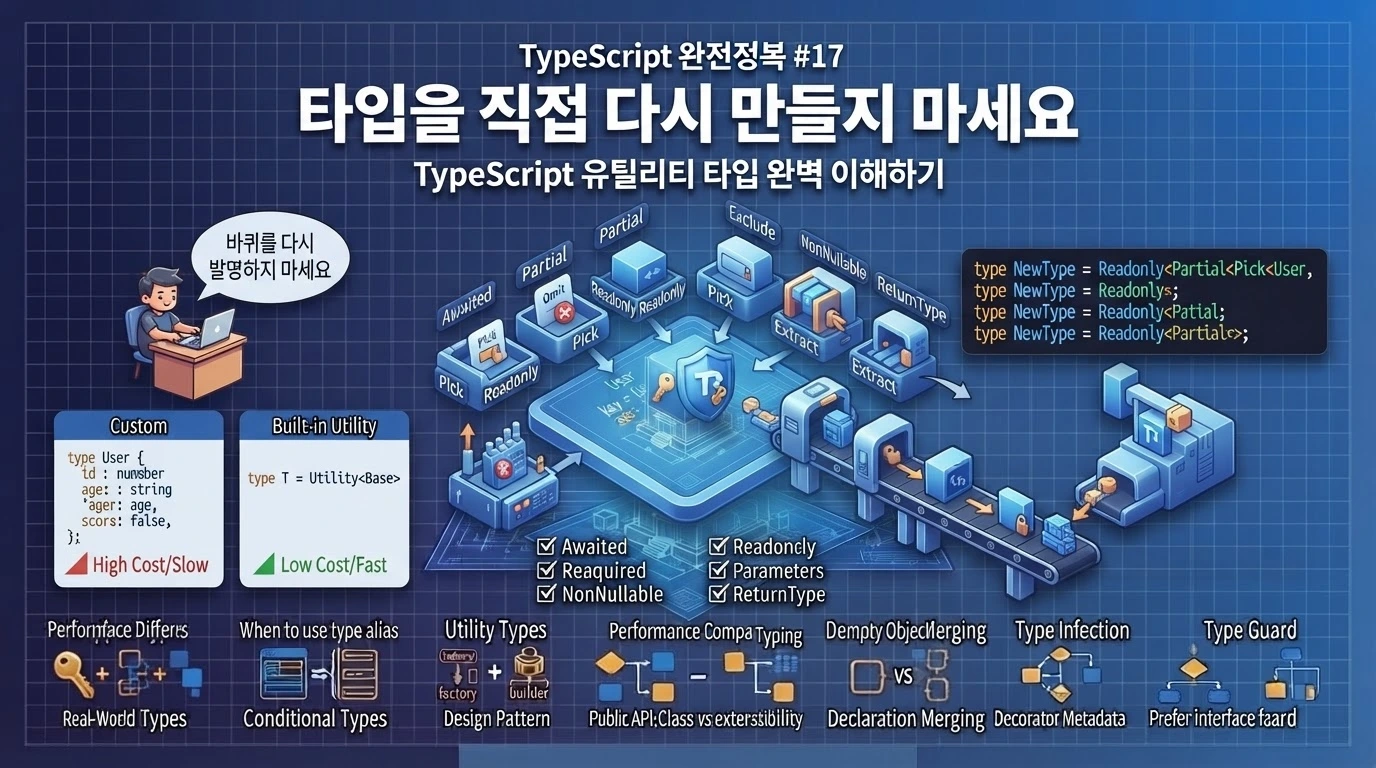 TypeScript 유틸리티 타입으로 기존 타입을 변환하고 재사용하는 방법을 설명하는 대표 이미지