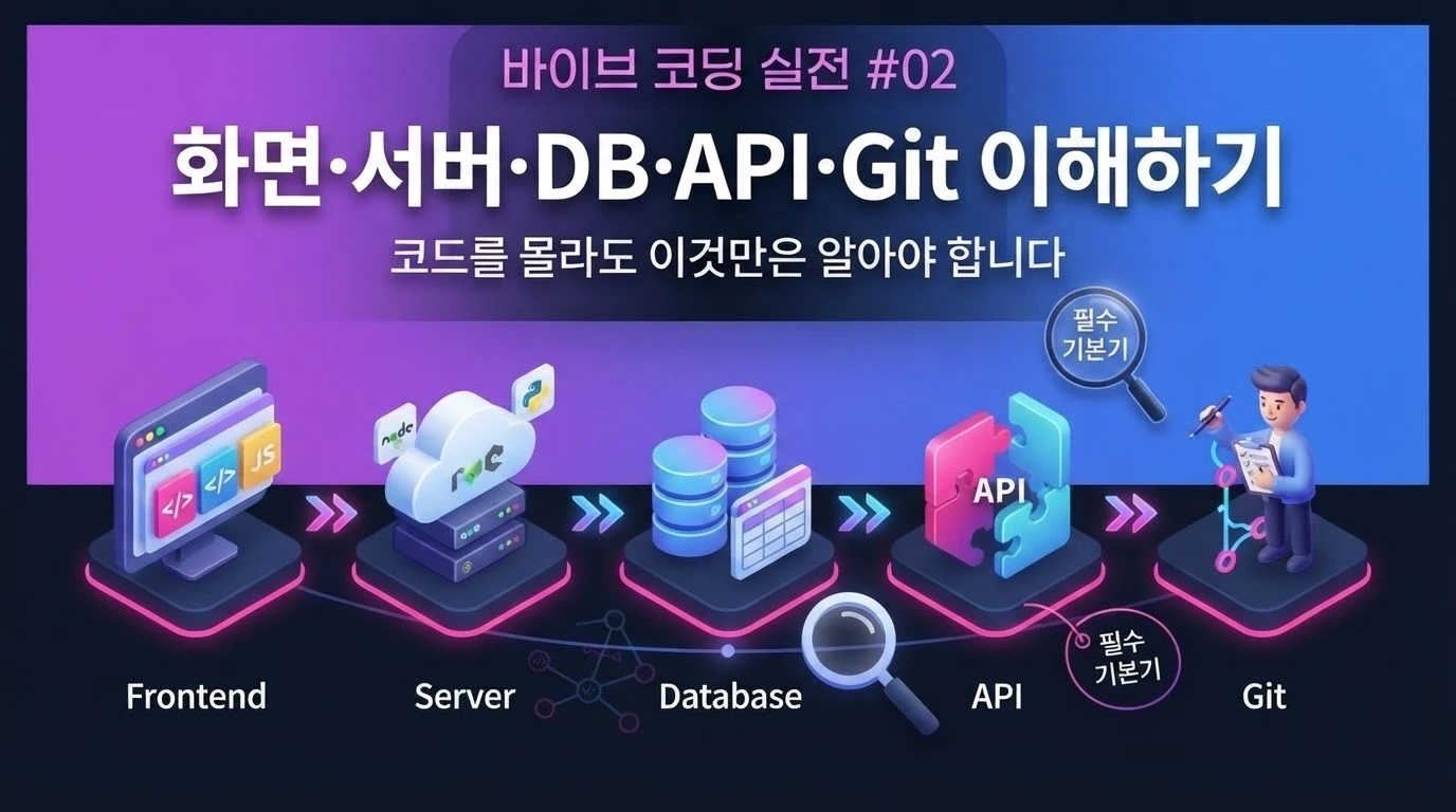 바이브 코딩을 시작하기 전 화면, 서버, 데이터베이스, API, Git 구조를 설명하는 대표 이미지