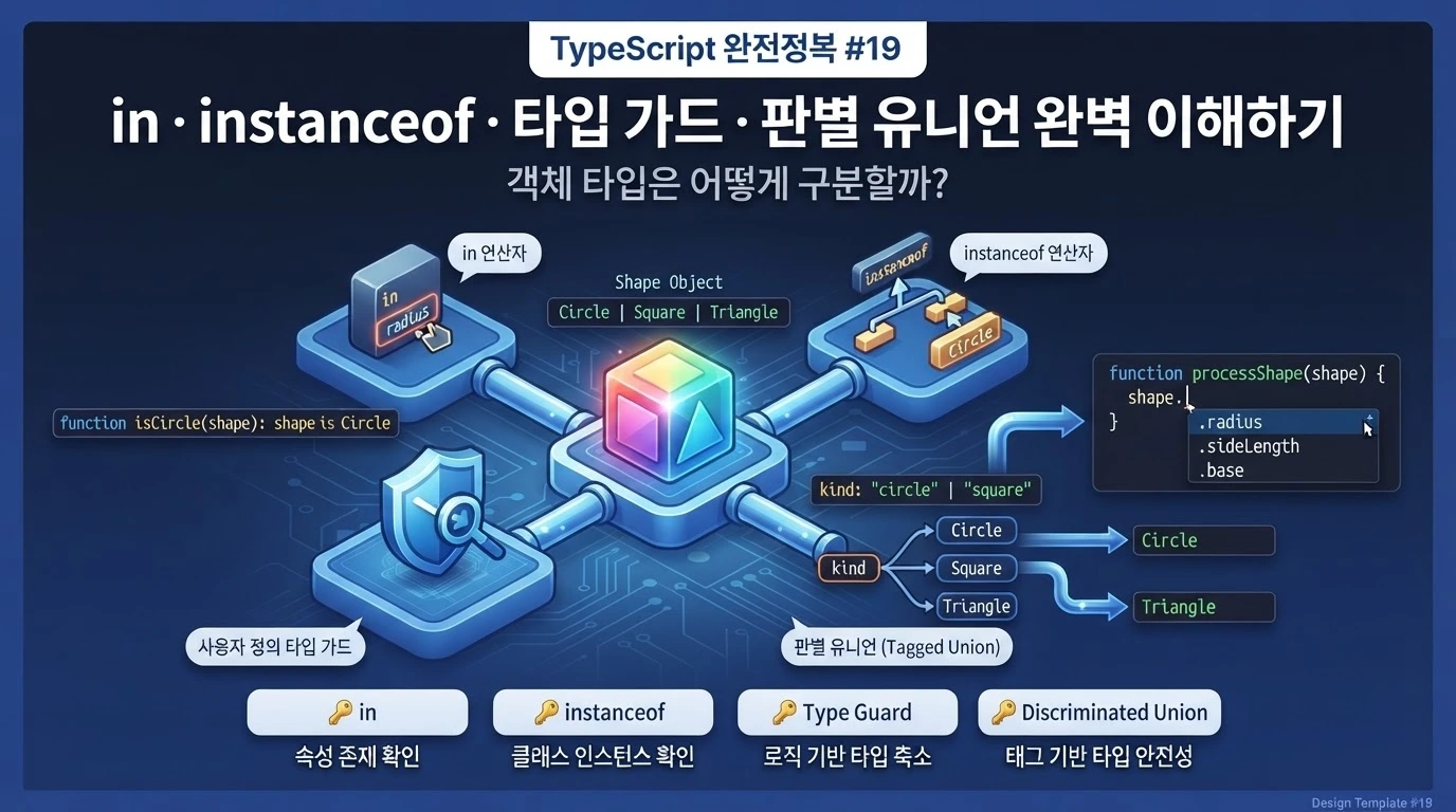TypeScript에서 in, instanceof, 타입 가드와 판별 유니언으로 객체 타입을 구분하는 방법을 설명하는 대표 이미지