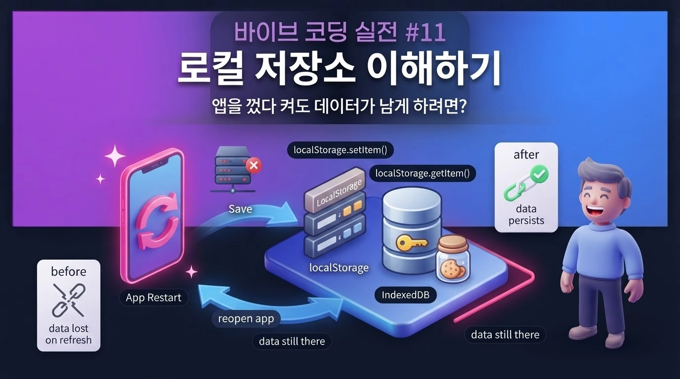 바이브 코딩으로 Flutter 앱 데이터를 SQLite 로컬 저장소에 저장하고 다시 불러오는 과정을 설명하는 대표 이미지