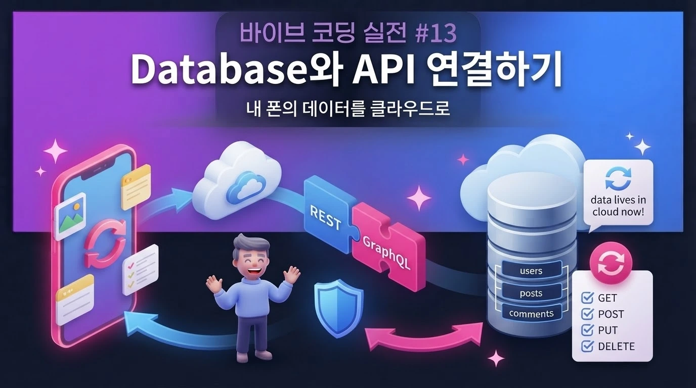 바이브 코딩으로 Flutter 앱의 로컬 데이터를 Supabase 클라우드 데이터베이스와 API에 연결하는 과정을 설명하는 대표 이미지