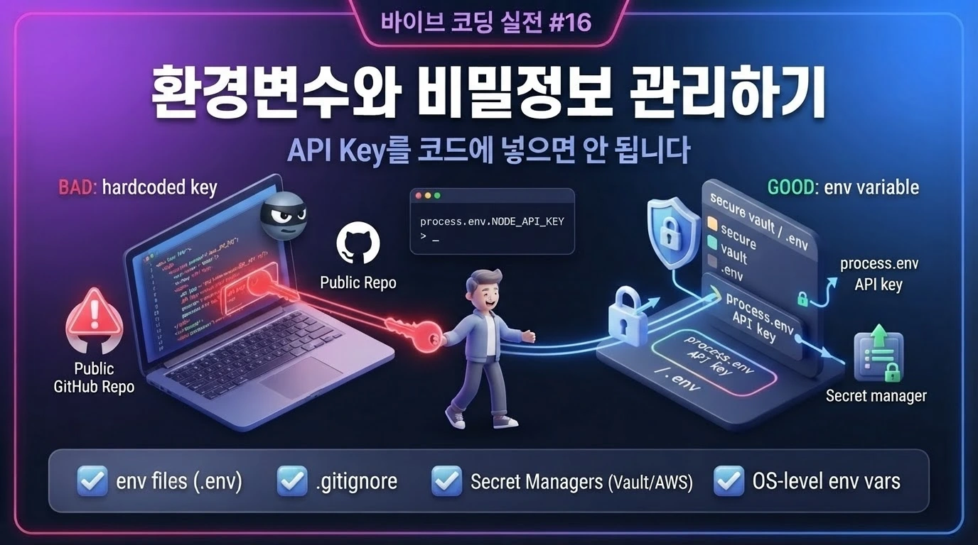 바이브 코딩에서 Flutter 앱의 API Key와 환경변수, 비밀정보를 안전하게 관리하는 방법을 설명하는 대표 이미지