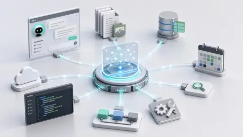 AI 애플리케이션과 파일, 데이터베이스, 캘린더, 검색 도구를 연결하는 MCP 허브 일러스트