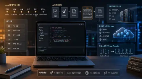 Java의 역사와 JVM 구조, 클라우드 네이티브 활용을 표현한 대표 이미지