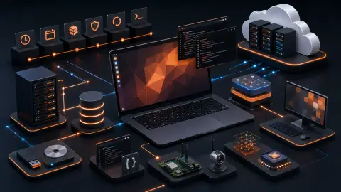 Ubuntu Linux의 데스크톱, 서버, 클라우드, 개발, IoT 활용을 표현한 다크모드 기술 대표 이미지