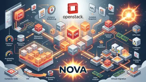 OpenStack Nova가 API, 스케줄러, 컨덕터, 컴퓨트 노드와 하이퍼바이저를 연결해 가상 머신을 생성하는 컴퓨트 아키텍처 이미지