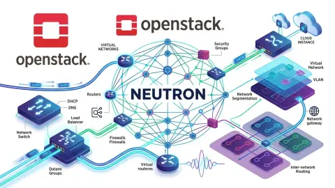 OpenStack Neutron의 가상 네트워크, 라우터, 보안 그룹, VXLAN 오버레이와 물리 네트워크 연결을 표현한 클라우드 네트워킹 아키텍처 이미지