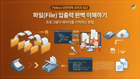 Python 입문자가 파일 입출력으로 데이터를 저장하고 읽는 과정을 표현한 대표 이미지