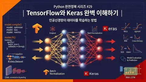 Python TensorFlow와 Keras로 인공신경망 딥러닝 모델을 학습하는 방법을 설명하는 대표 이미지