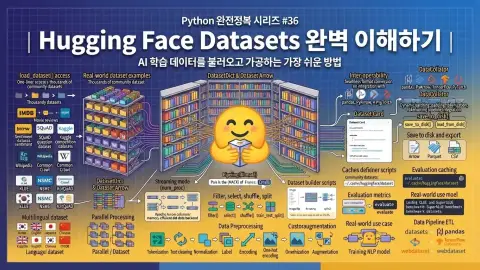 Python에서 Hugging Face Datasets로 AI 학습 데이터를 불러오고 가공하는 방법을 설명하는 대표 이미지
