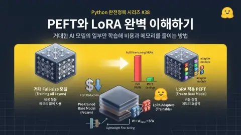 Python에서 Hugging Face PEFT와 LoRA로 AI 모델을 효율적으로 Fine-tuning하는 방법을 설명하는 대표 이미지